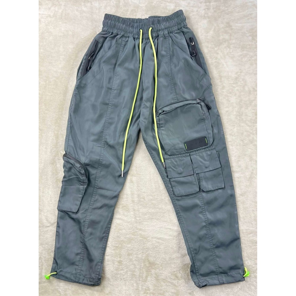 EUC John Geiger Mens Grey Cargo Pants Neon Yellow Drawstring Streetwear Size S